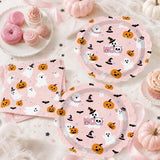 Pink Halloween Tableware: 9-Inch Ghost Dinner Plates, 6.5-Inch Napkins (100pc)