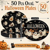 Halloween Paper Plates: Set of 50 Large Oval Retro Ghost Party Tableware