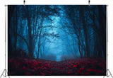 7x5ft Foggy Forest Halloween Backdrop, Dark Horror Park, Red Leaves, Spooky Party Decor