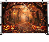 7x5ft Halloween Forest Backdrop, Spooky Street Scene, Jack O Lanterns, Bats, Tombstones (Polyester Fabric)