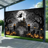 Gothic Halloween Backdrop, Spooky Cemetery, Haunted House, Pumpkins (10x8ft)