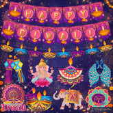 Happy Diwali Hanging Set: Diyas, Fireworks, Elephants, Rose Red and Golden Yellow Accents