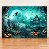 8x6ft Halloween Backdrop, Spooky Castle Pumpkin Witch Bat Polyester Photo Background (96x72 inches)
