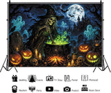 Gothic Witch Cauldron Halloween Backdrop, Ghost Pumpkin Graveyard Photo Background (10x8ft)