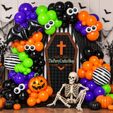144-Piece Halloween Balloon Arch Kit, Purple Green Orange Black Garland with Bat Pumpkin Foil Balloons, Baby Shower Party Decor