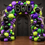 178-Piece Halloween Balloon Arch Kit, Purple Green Black, 3D Bats Spider Web Decor