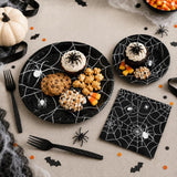 100 Piece Disposable Spider Web Partyware Set, Black Paper Plates Napkins Forks