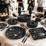 100 Piece Disposable Spider Web Partyware Set, Black Paper Plates Napkins Forks