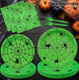 Disposable Halloween Party Set: 24 Guests, Green Spider Web Plates, Napkins, Forks