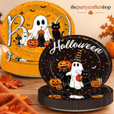 50-Piece Halloween Paper Plates, Oval Set with Ghosts, Black Cats, Pumpkins