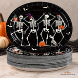 50-Piece Halloween Paper Plates, Large Oval 10x12 Inches, Dancing Skeletons Gothic Design