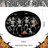 50-Piece Halloween Paper Plates, Large Oval 10x12 Inches, Dancing Skeletons Gothic Design