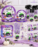 194-Piece Halloween Baby Shower Partyware Set, Purple Themed Tablecloths, Plates, Cups, Napkins, Straws