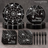 200-Piece Halloween Partyware Set: 9-Inch Spider Web Plates, Napkins, Forks