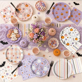 60-Piece Halloween Partyware Set: 9-Inch Plates, 7-Inch Plates, Napkins (Pink, Lavender, Cream, Black)