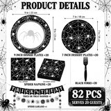 Halloween Party Set: 82 Pieces for 20 Guests, Black Spider Web Design, Disposable Paper