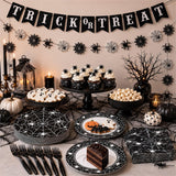 Halloween Party Set: 82 Pieces for 20 Guests, Black Spider Web Design, Disposable Paper