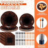 Black Orange Polka Dot Partyware Set: 9-Inch Dinner Plates, 7-Inch Dessert Plates, Napkins, Forks