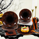 Black Orange Polka Dot Partyware Set: 9-Inch Dinner Plates, 7-Inch Dessert Plates, Napkins, Forks