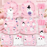 Disposable Partyware Set, Pink Spooky One Ghost Plates, 9-Inch and 7-Inch for Baby Girl