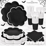 350-Piece Disposable Partyware Set, Black and White Paper Plates Cups Napkins Cutlery