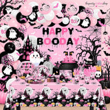 Pink Black Halloween Party Set: 24-Guest Tableware, Backdrop, 80 Balloons