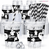 Spooky Drink Station Set: 50 Ghost Cups, Lids, Straws, Seals for Parties