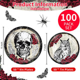 100 Piece Paper Plate Set, 9 Inch Dinner 7 Inch Dessert, Gothic Halloween Party