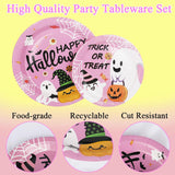 Pink Halloween Tableware: 120-Piece Disposable Set with Ghosts, Pumpkins, Bats, Spider Webs