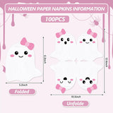 Ghost Napkins: Set of 100 Disposable Paper with Pink Bows (6.3x5.2 Inch)