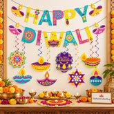 Happy Diwali Banner Set: 1 Preassembled Banner, 8 Hanging Swirls, 8 Cards