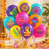 Festive Diwali Party Balloons, 12-Inch Latex with Diya, Peacock, Rangoli Prints