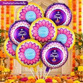 Happy Diwali Foil Balloons, 10-Pack Set with White Ribbon (18-Inch)
