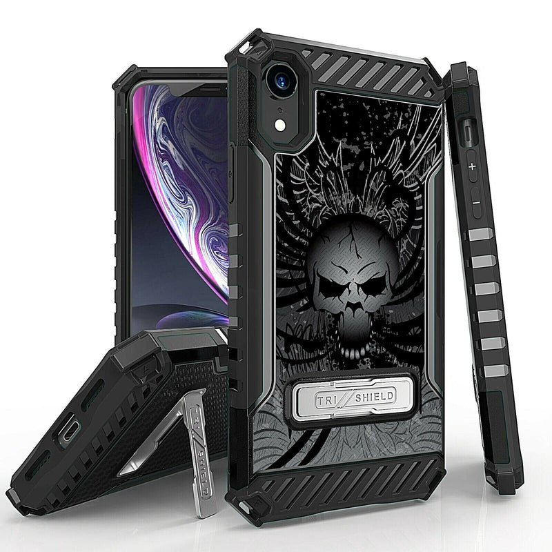 For Iphone Xr Tri Shield Protector Hybrid Kickstand Case Gray Evil Skull Wing