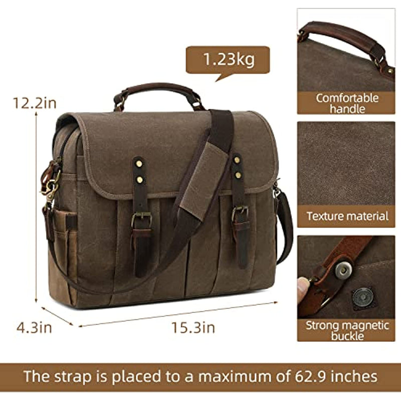 Genuine Leather Canvas Satchel Shoulder Briefcase Laptop Bag With Usb Headset Port
