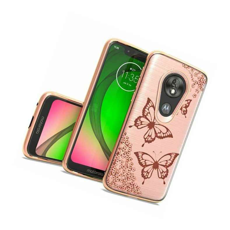 For Motorola Moto G7 Play Hard Tpu Rubber Gummy Case Cover Rose Gold Butterfly