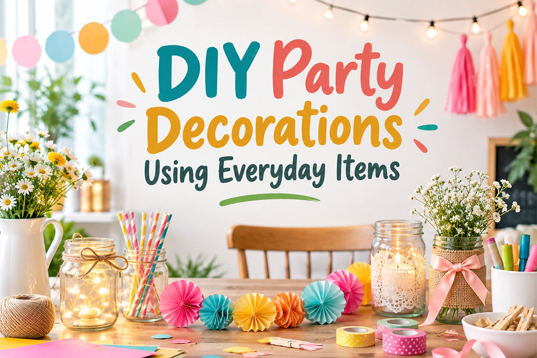 DIY party decorations using everyday items with colorful paper crafts, flowers, string lights, and festive table decor.
