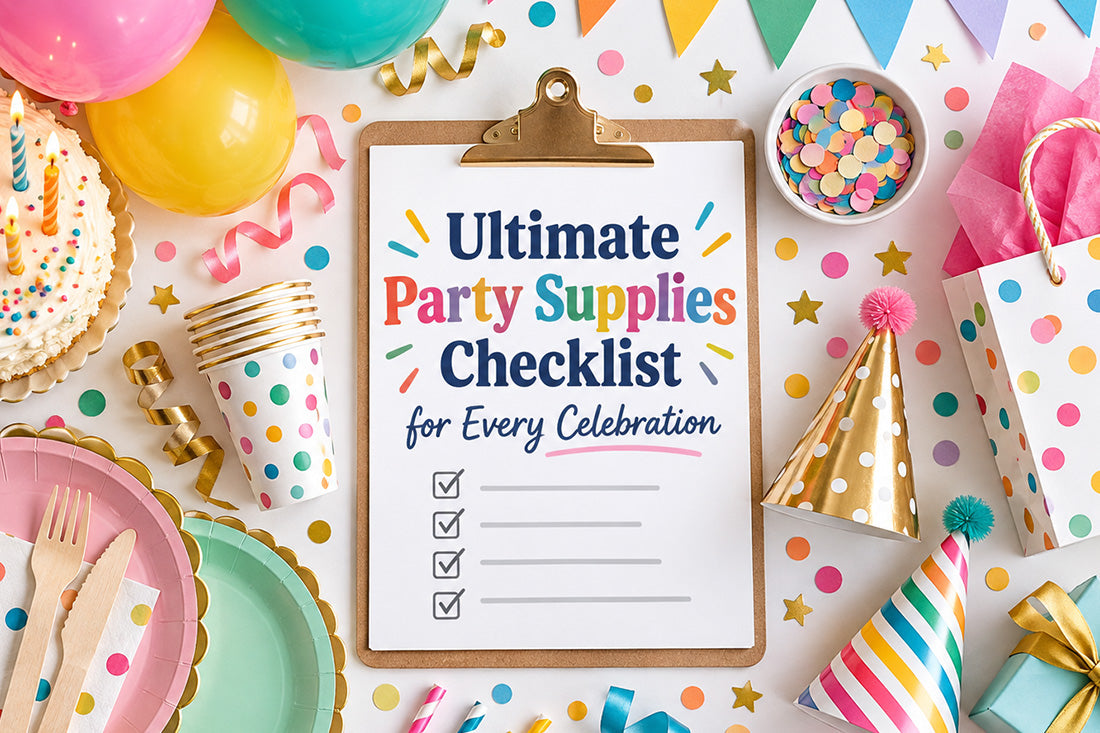 Colorful party supplies checklist with decorations and celebration items