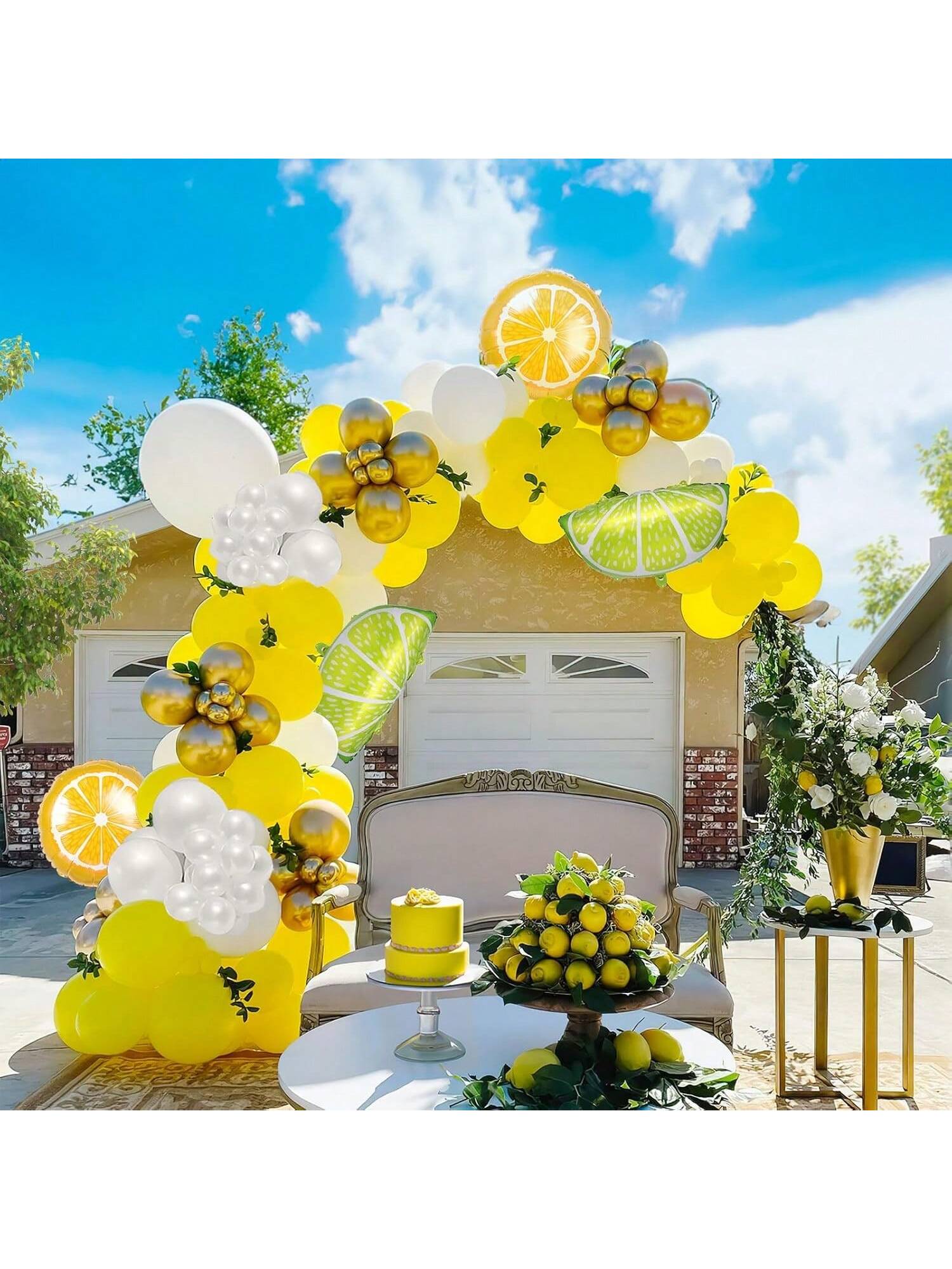 140PCS Yellow White Gold Lemon Balloon Garland Pearl & Mylar Party Decor