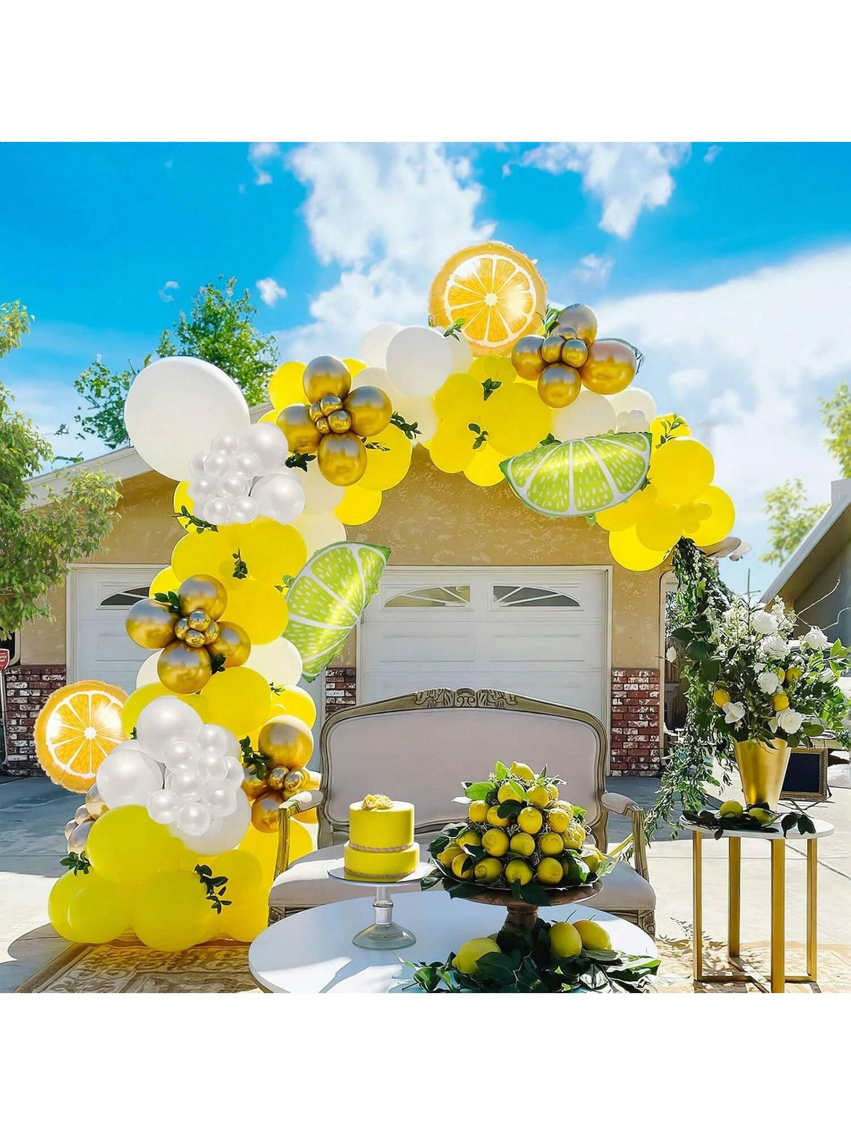 140PCS Yellow White Gold Lemon Balloon Garland Pearl & Mylar Party Decor
