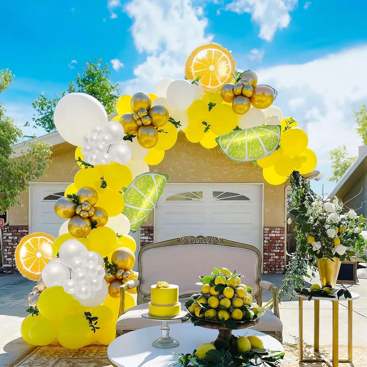 140PCS Yellow White Gold Lemon Balloon Garland Pearl & Mylar Party Decor