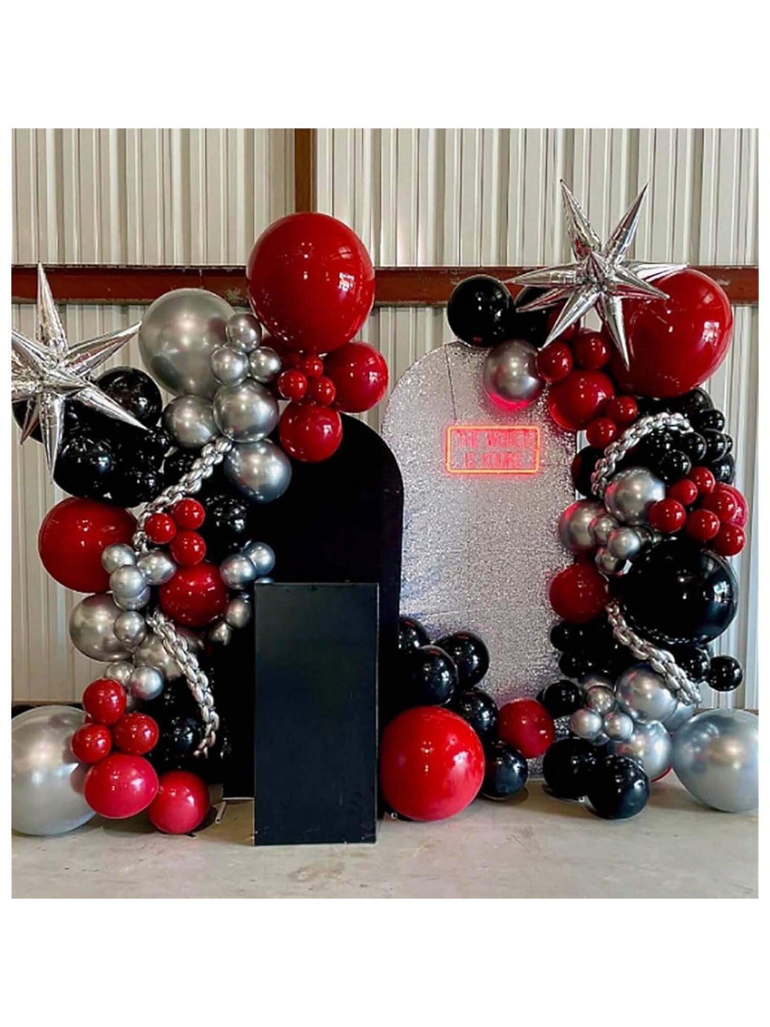 Black Red Silver Balloon Garland Arch Kit for Birthday Shower and Party