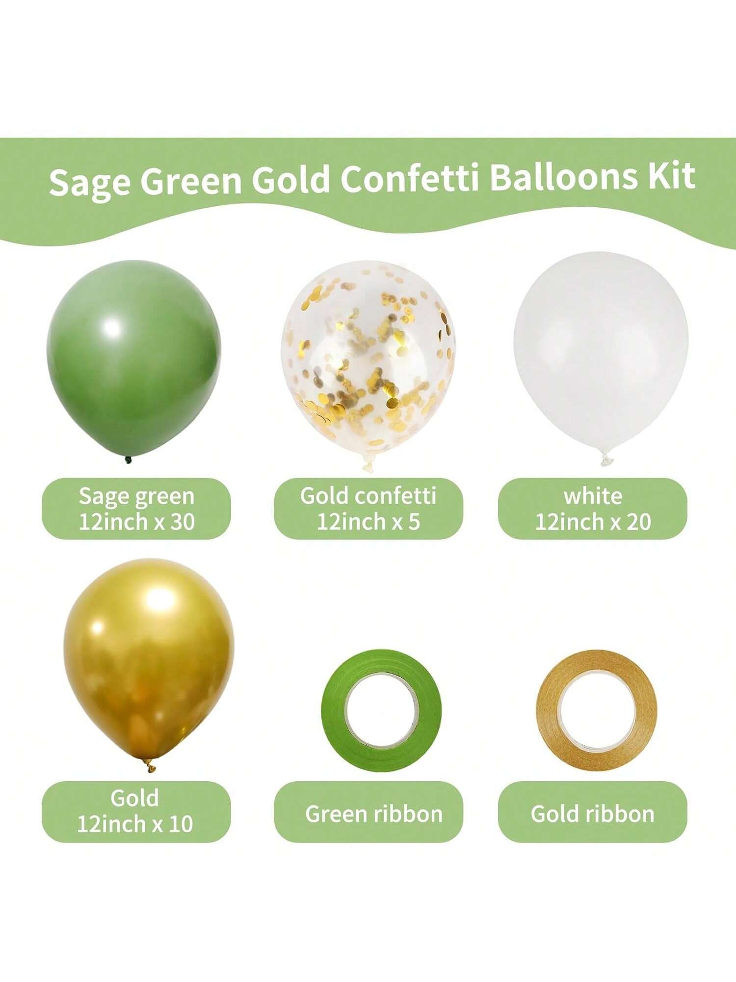 65 Pc 12 Inch Sage Green and Gold Confetti Balloons Kit for Party Decor