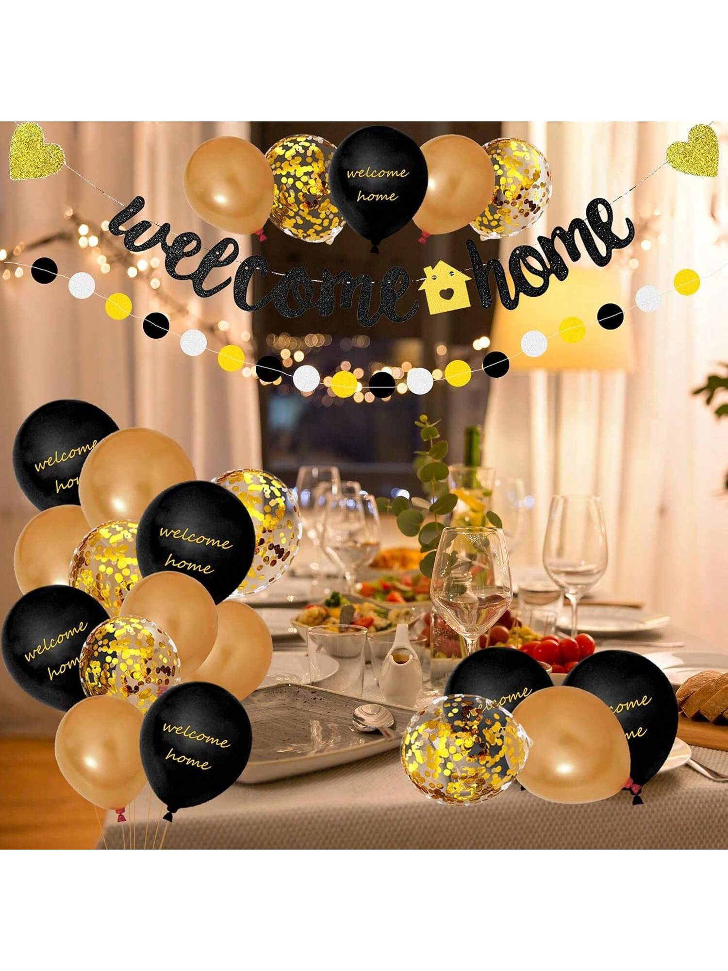 Welcome Home Banner and Cake Topper Gold Black Garland and Balloons for Parties