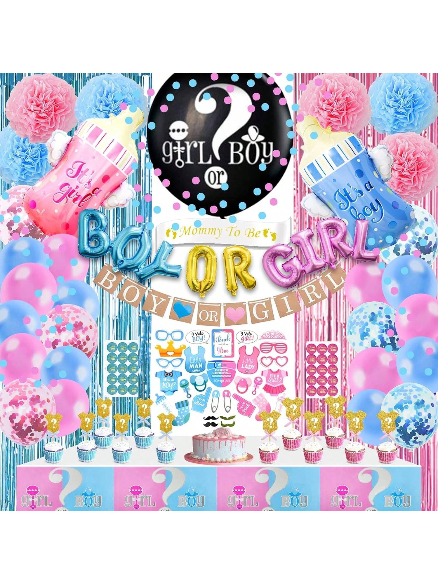 124PCS Gender Reveal Party Decorations Kit Balloons Pompoms and Tablecloth Set