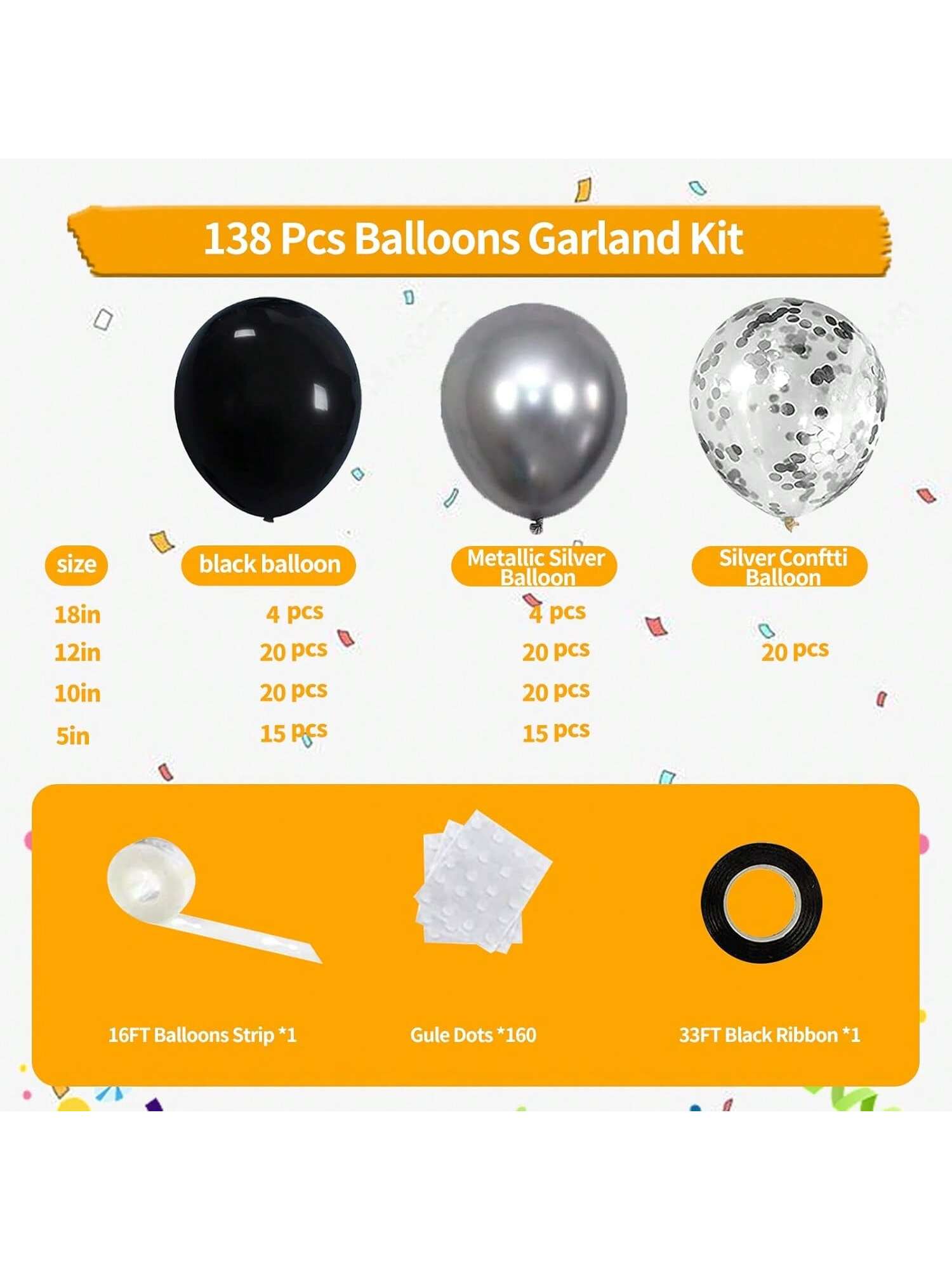 138-Piece Black and Silver Balloon Garland Kit with Confetti for Party Decor