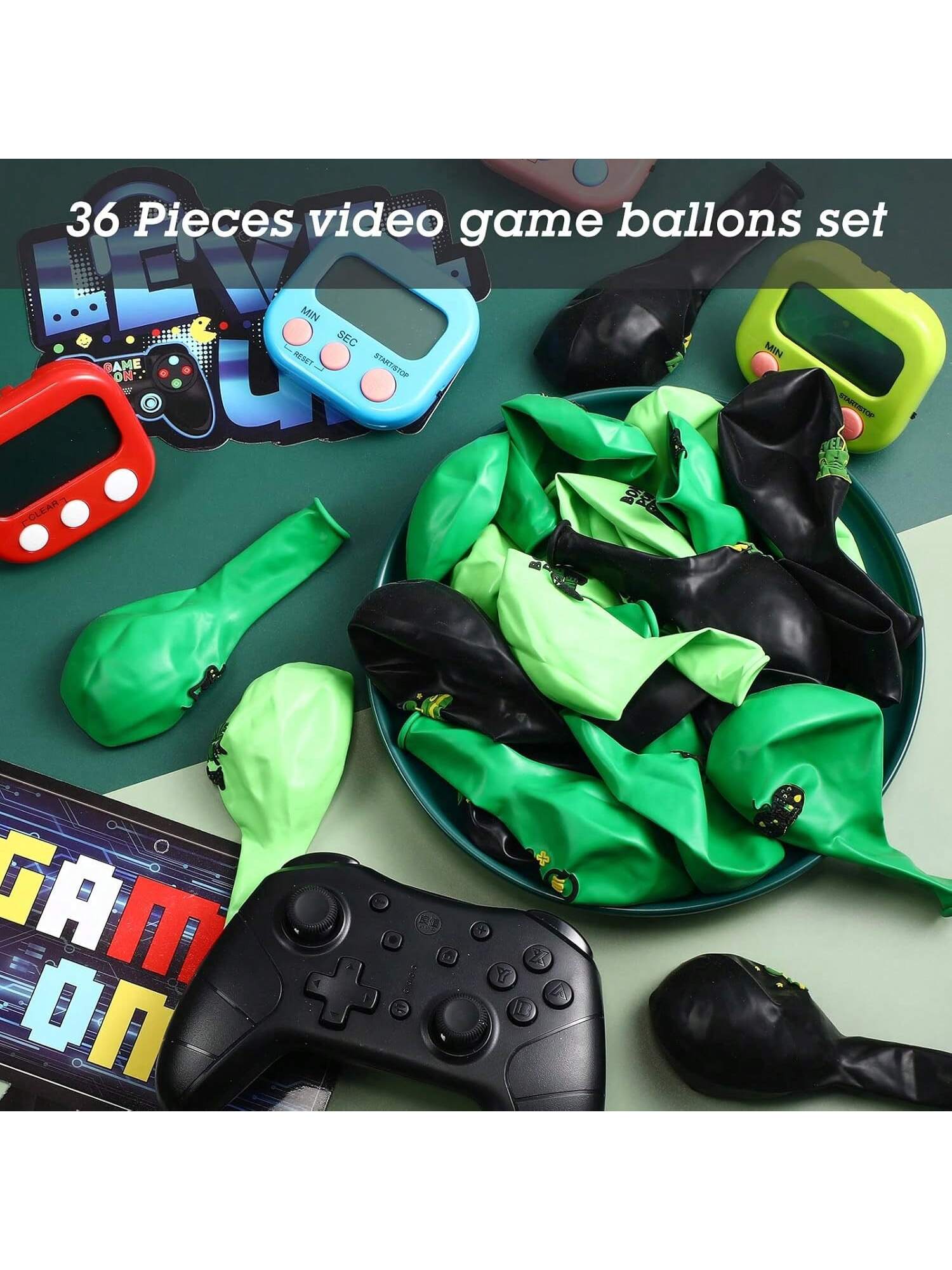36-Piece Green Video Game Party Balloons Set for Teen Birthday Decorations