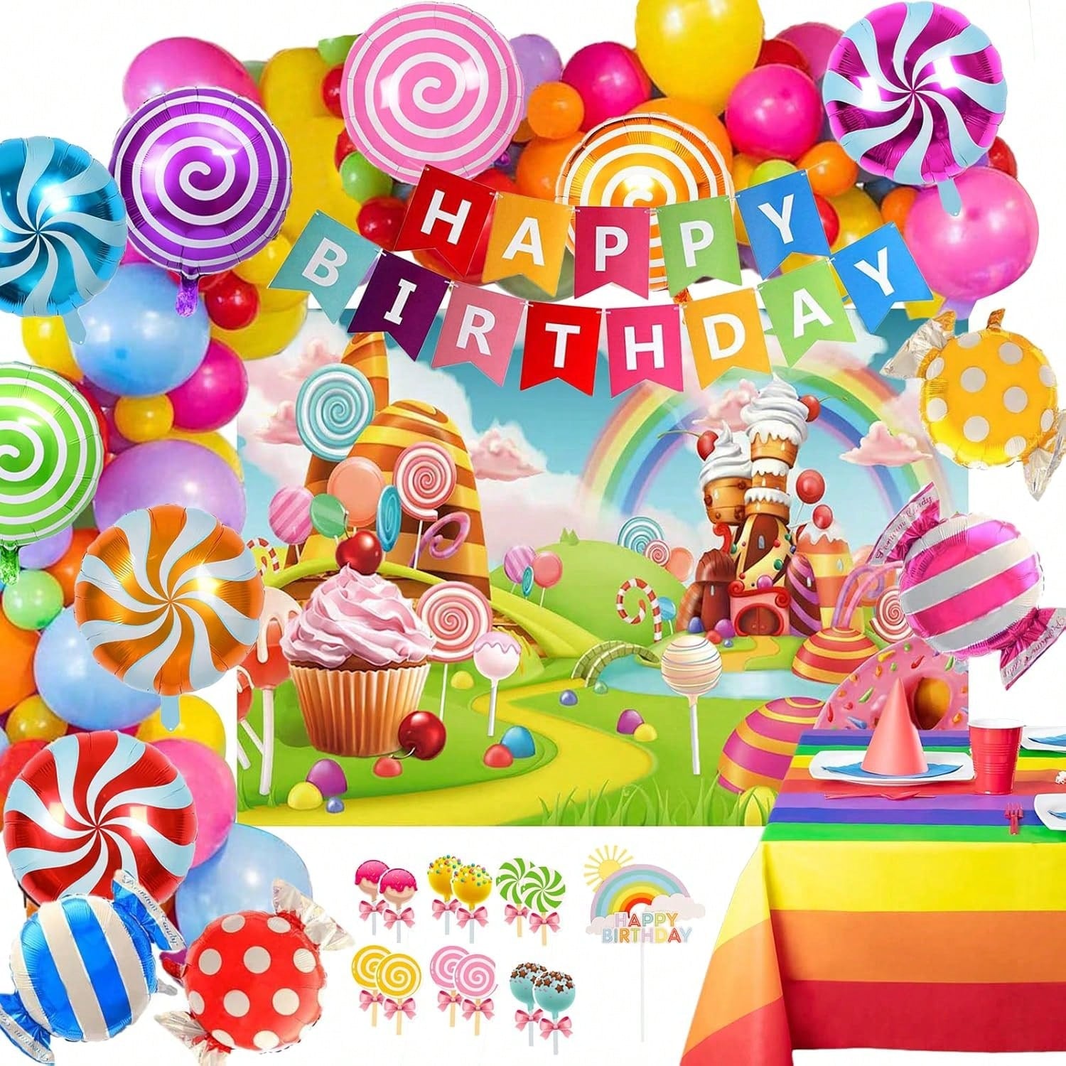 124Pc Candyland Party Decorations Lollipop Backdrop Candy Balloon Garland