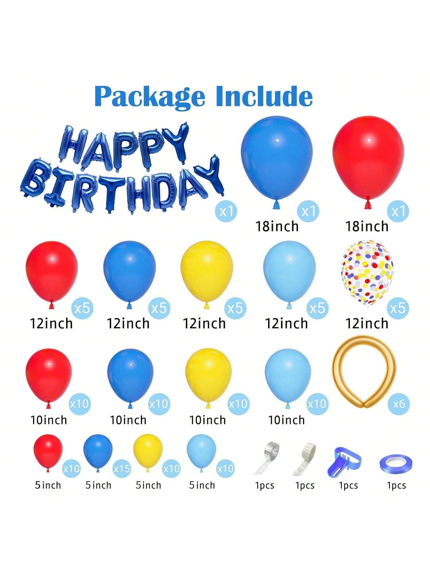 123pcs Red Yellow Blue Balloon Garland with Confetti for Birthday & Party Decor