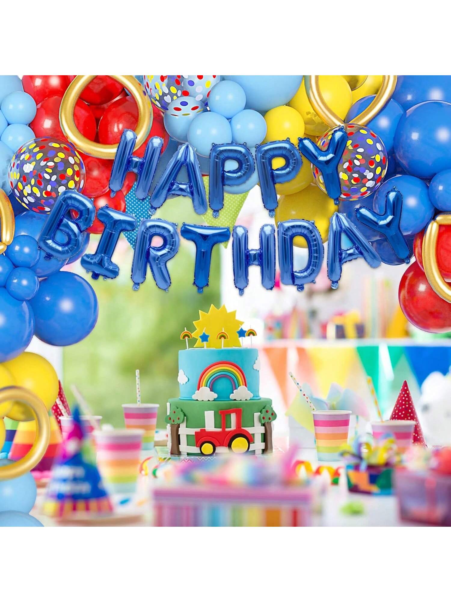 123pcs Red Yellow Blue Balloon Garland with Confetti for Birthday & Party Decor